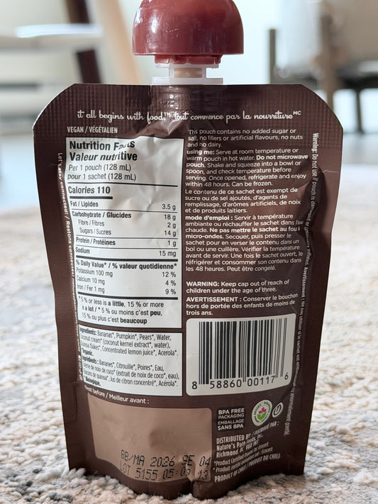 Love Child Organics Superblends Chuối, Bí Đỏ, Lê + Dừa - 128ml